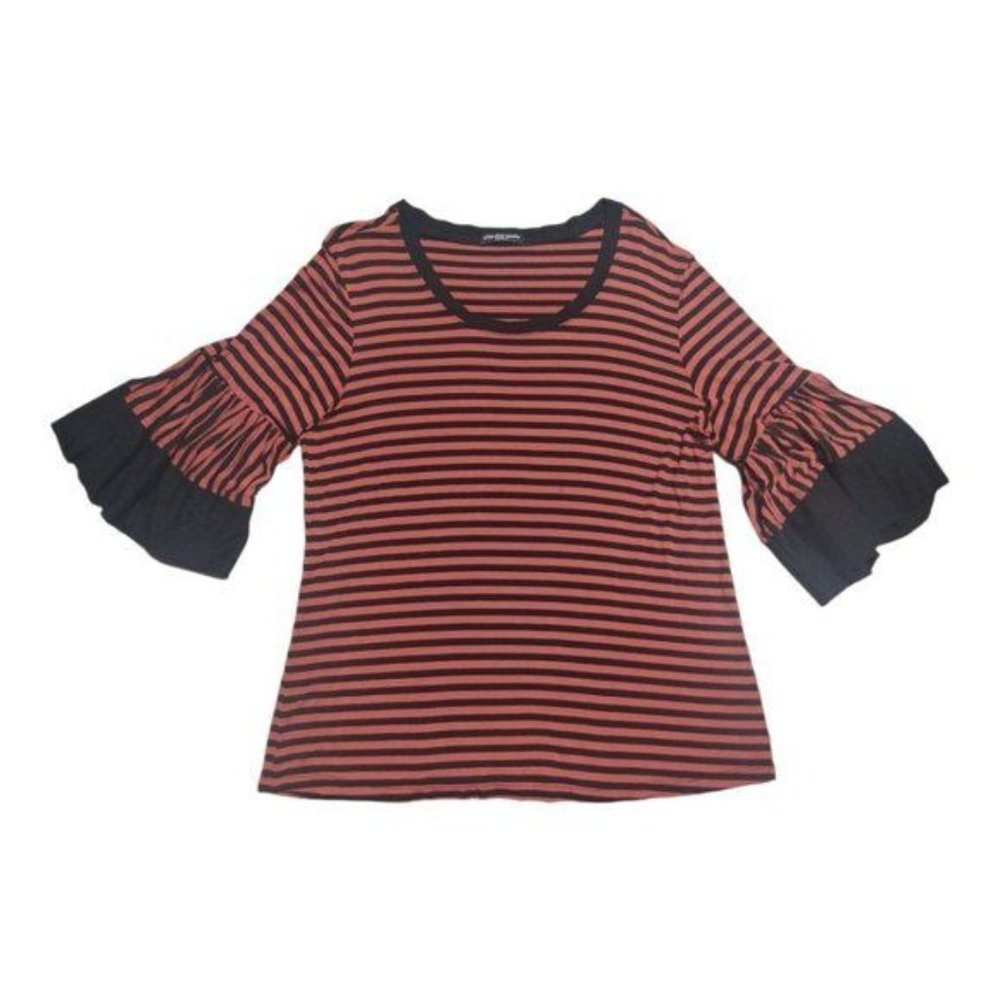 Cha Cha Vente 3/4 Bell Sleeve‎ Stripe Round Neck Shirt Size Medium